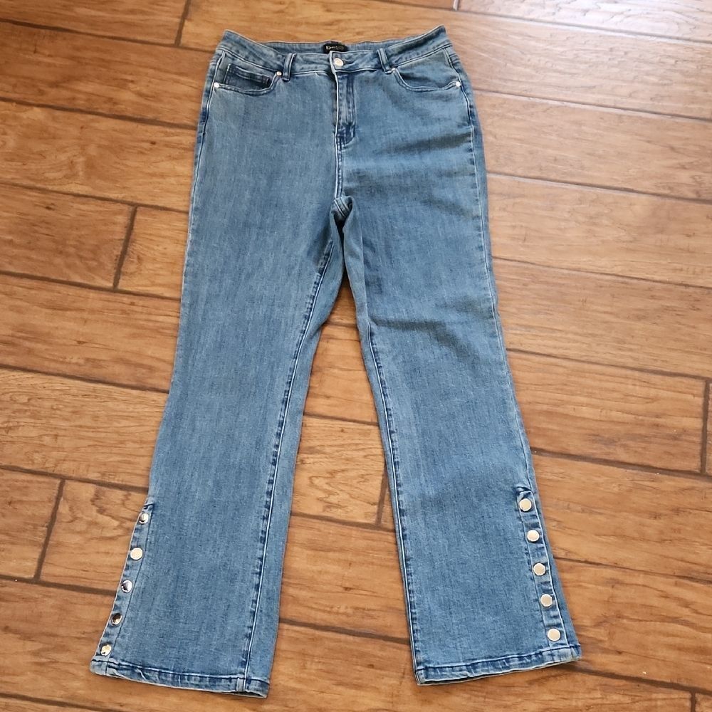 bebe Light Blue Flare Jeans with Button Accents